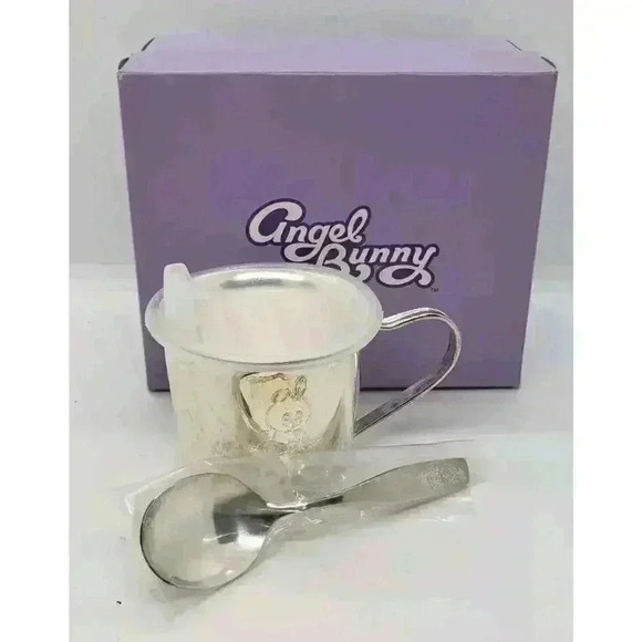 Vintage Angel Bunny SilverPlate Baby Cup Lid & Spoon Set NIB Mattel X Leonard - Picture 1 of 9